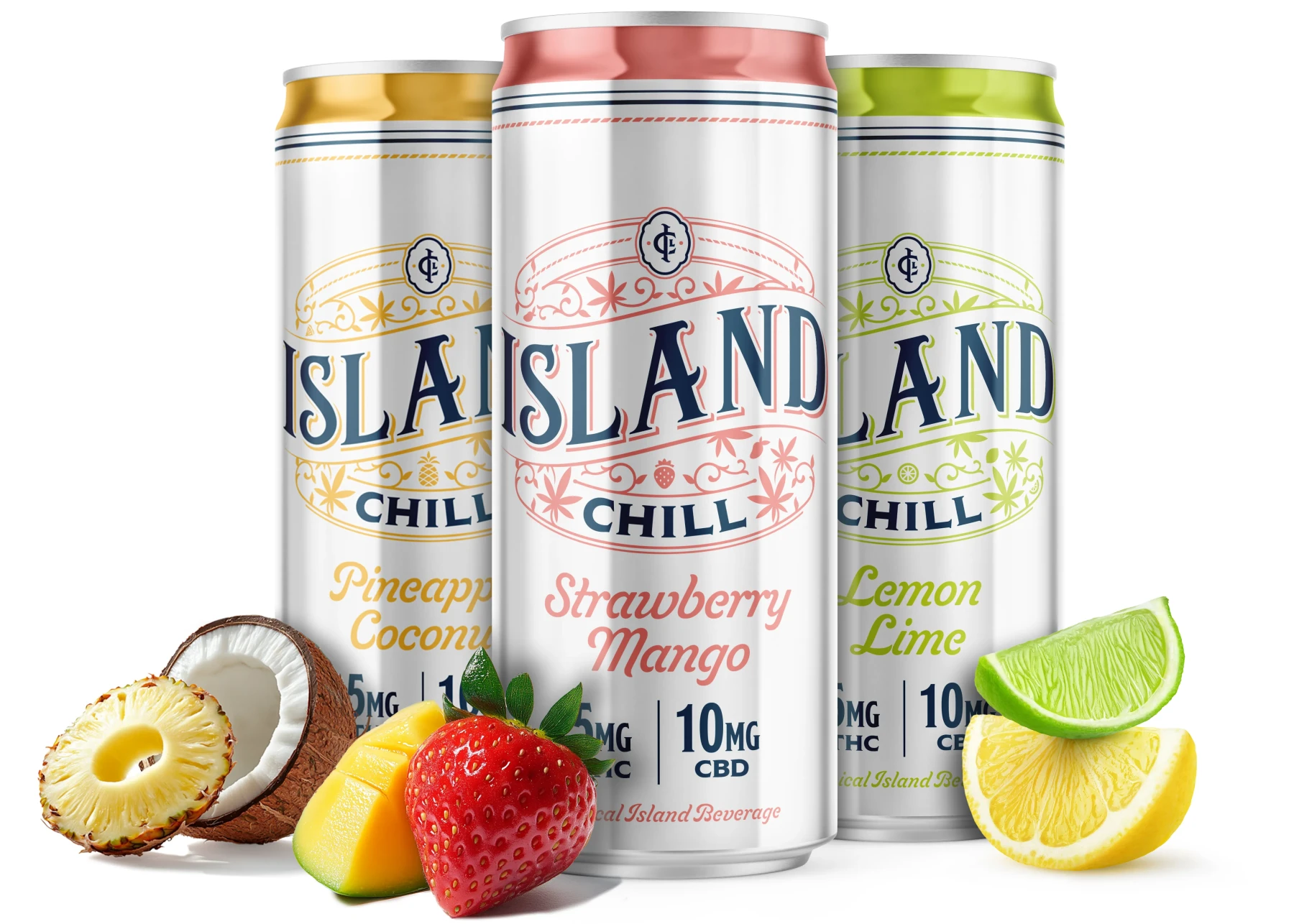 Island Chill family of THC / CBD beverages displayed with their fruits